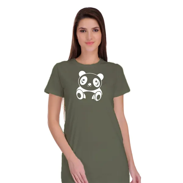Olive_Green_Cotton_Cute_Panda_Printed_Long_T-Shirt_For_Women