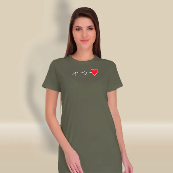 Olive_Green_Cotton_Heart_Beat_Printed_Long_T-Shirt_For_Women