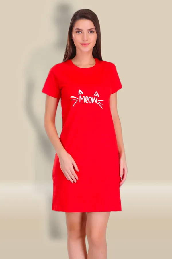 Red_Cotton_Meow_Printed_Long_T-Shirt_For_Women