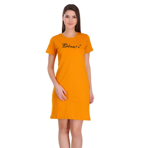 Yellow_Cotton_Believe_Printed_Long_T-Shirt_For_Women