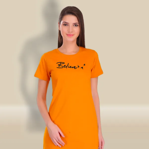 Yellow_Cotton_Believe_Printed_Long_T-Shirt_For_Women