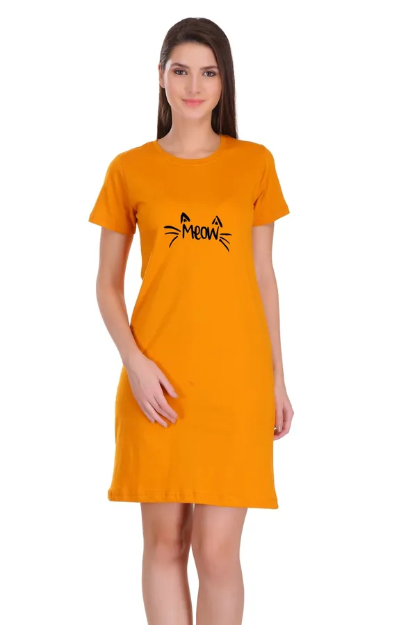 Yellow_Cotton_Meow_Printed_Long_T-Shirt_For_Women