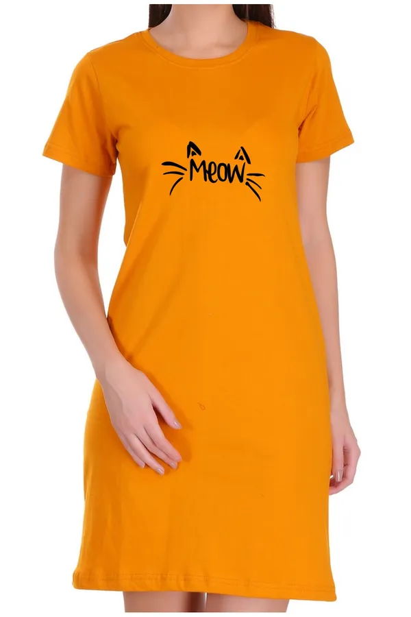 Yellow_Cotton_Meow_Printed_Long_T-Shirt_For_Women