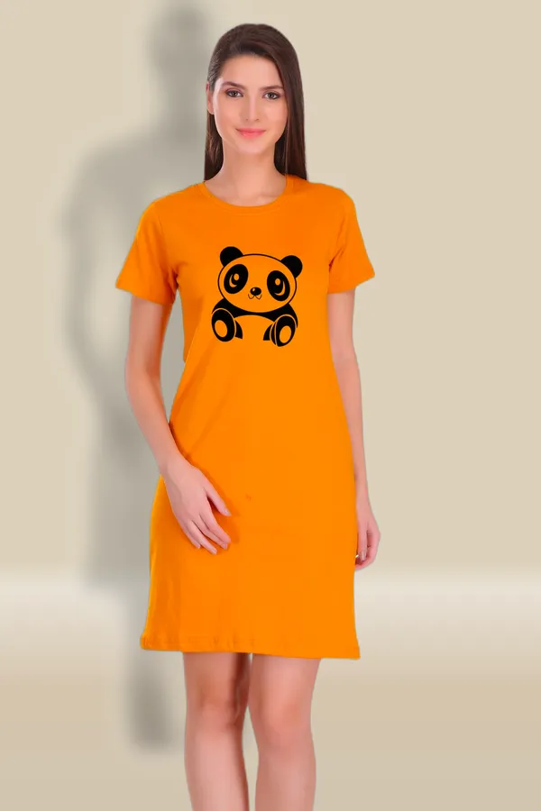 Yellow_Cotton_Cute_Panda_Printed_Long_T-Shirt_For_Women