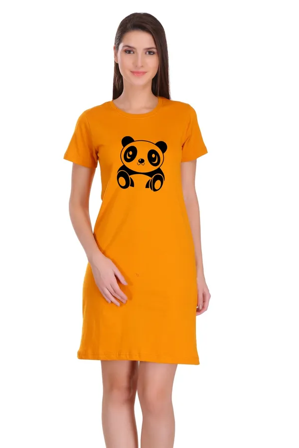 Yellow_Cotton_Cute_Panda_Printed_Long_T-Shirt_For_Women