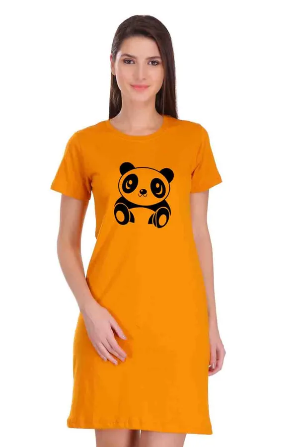 Yellow_Cotton_Cute_Panda_Printed_Long_T-Shirt_For_Women