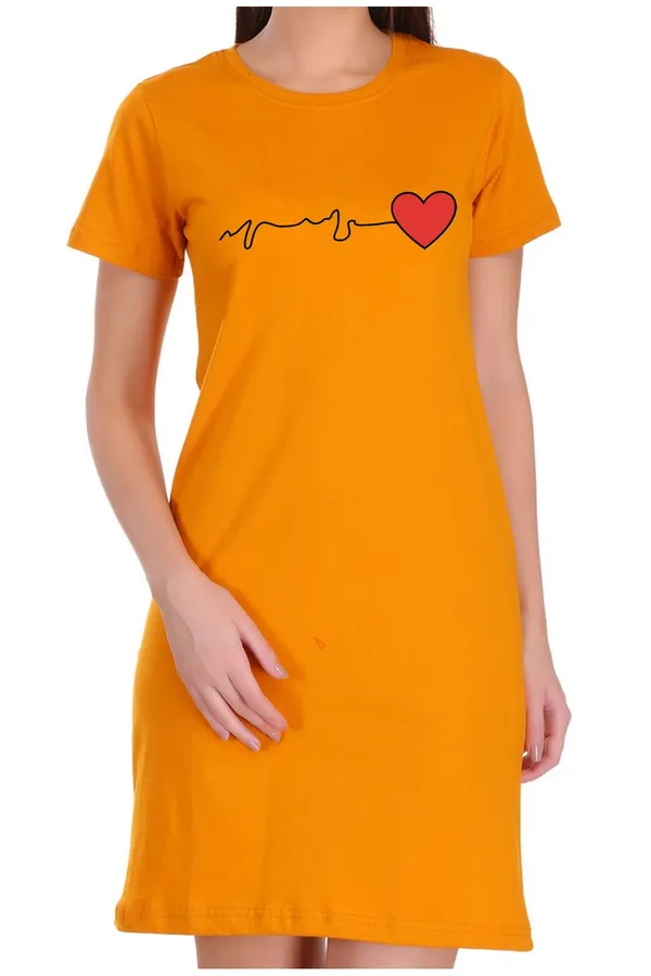 Yellow_Cotton_Heart_Beat_Printed_Long_T-Shirt_For_Women
