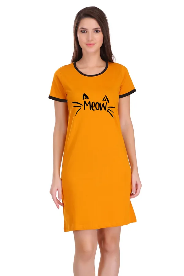 Yellow_Cotton_Meow_Printed_Ringer_Long_T-Shirt_For_Women