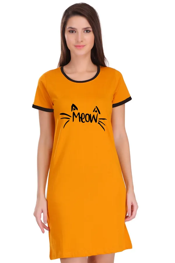 Yellow_Cotton_Meow_Printed_Ringer_Long_T-Shirt_For_Women