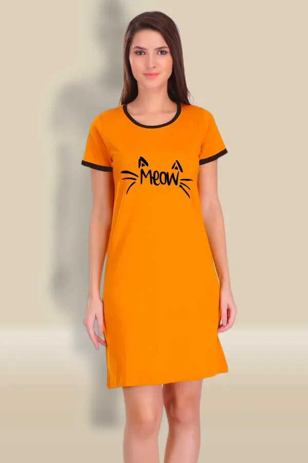 Yellow_Cotton_Meow_Printed_Ringer_Long_T-Shirt_For_Women