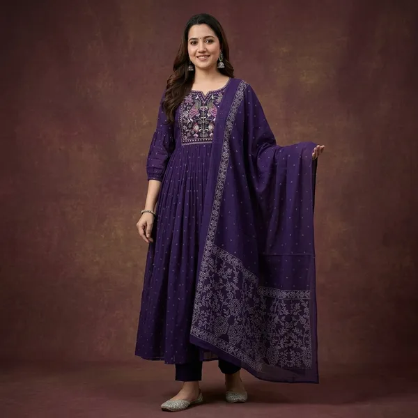 Purple_Cotton_Floral_Printed_Jaipuri_Kurta_And_Pant_With_Mulmul_Dupatta_|_For_Women