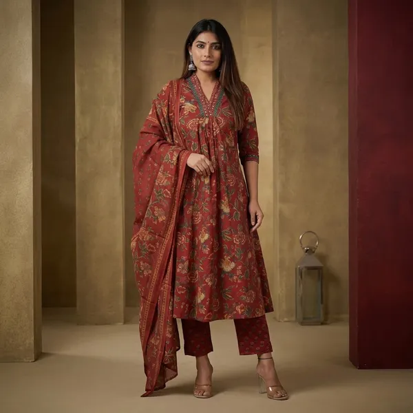 Red_Cotton_Floral_Printed_Jaipuri_Jaipuri_Kurta_And_Palazzo_With_Mulmul_Dupatta_|_For_Women