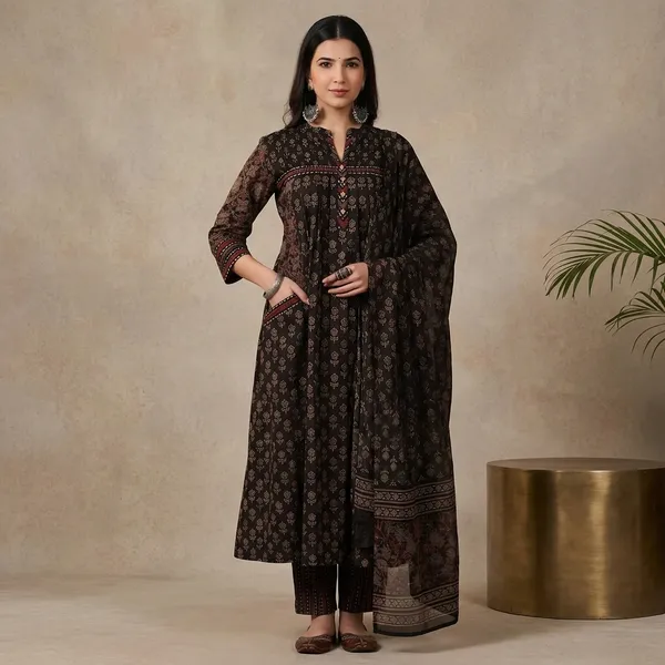 Black_Pure_Cotton_Ajrakh_Ethnic_Jaipuri_Jaipuri_Kurta_Set_For_Women_&_Girls