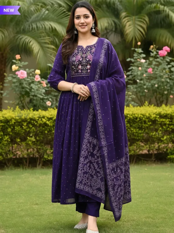Purple_Cotton_Floral_Printed_Jaipuri_Kurta_And_Pant_With_Mulmul_Dupatta_|_For_Women