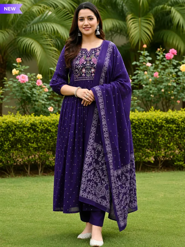 Purple_Cotton_Floral_Printed_Jaipuri_Kurta_And_Pant_With_Mulmul_Dupatta_|_For_Women