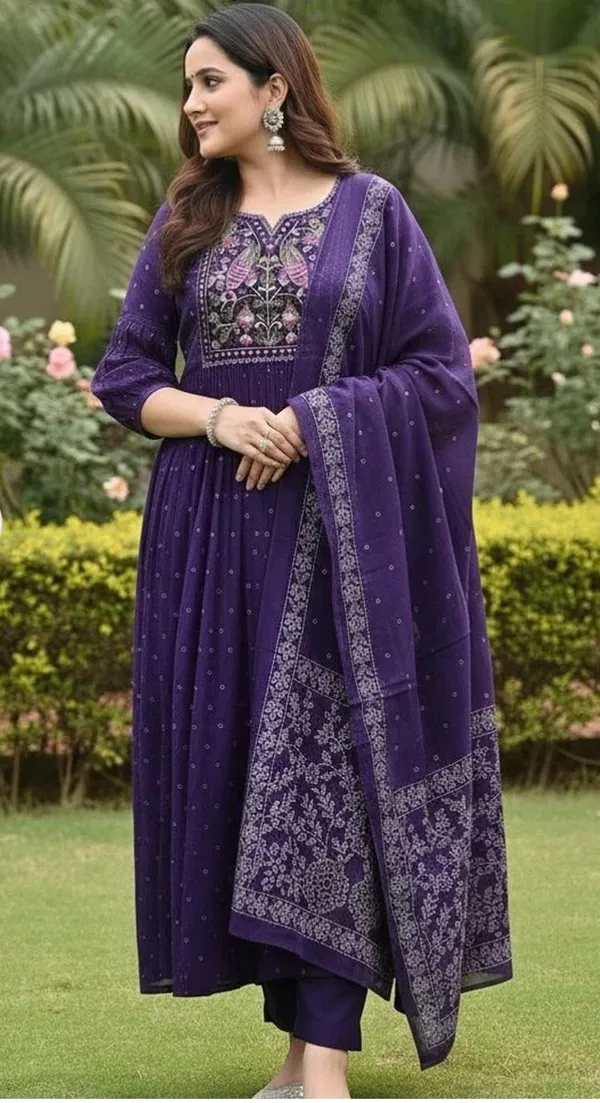 Purple_Cotton_Floral_Printed_Jaipuri_Kurta_And_Pant_With_Mulmul_Dupatta_|_For_Women