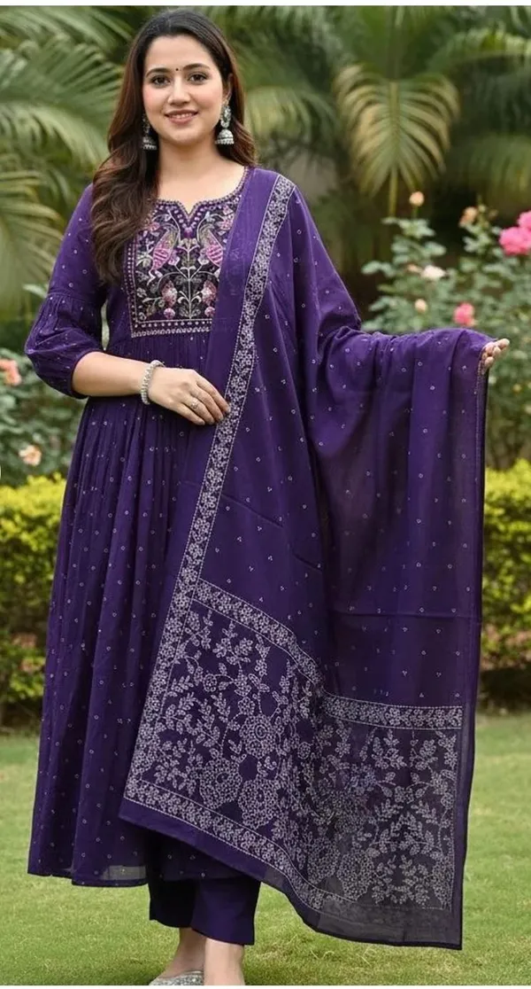 Purple_Cotton_Floral_Printed_Jaipuri_Kurta_And_Pant_With_Mulmul_Dupatta_|_For_Women