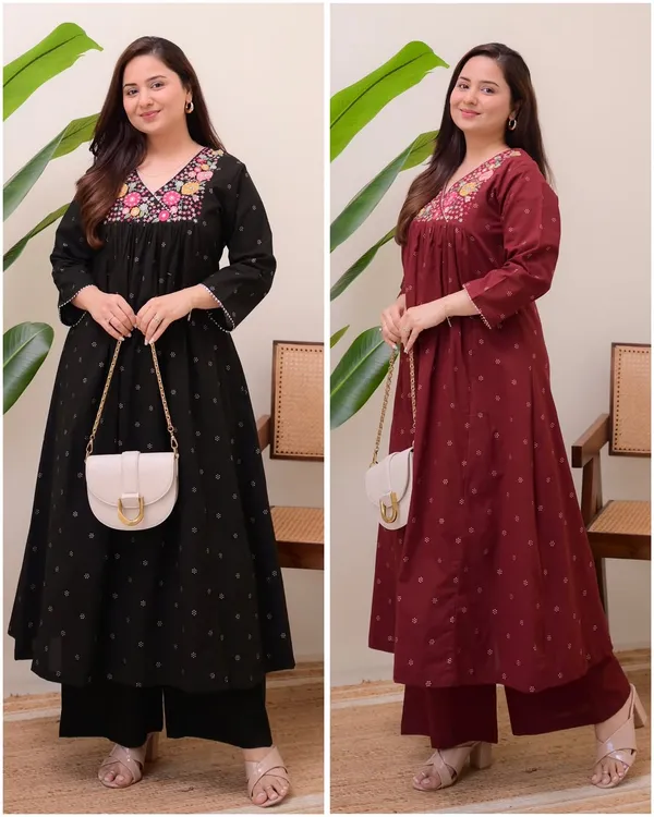 Brown_Pure_Cotton_Jaipuri_Jaipuri_Kurta_Set_With_Palazzo_Pants_|_For_Women