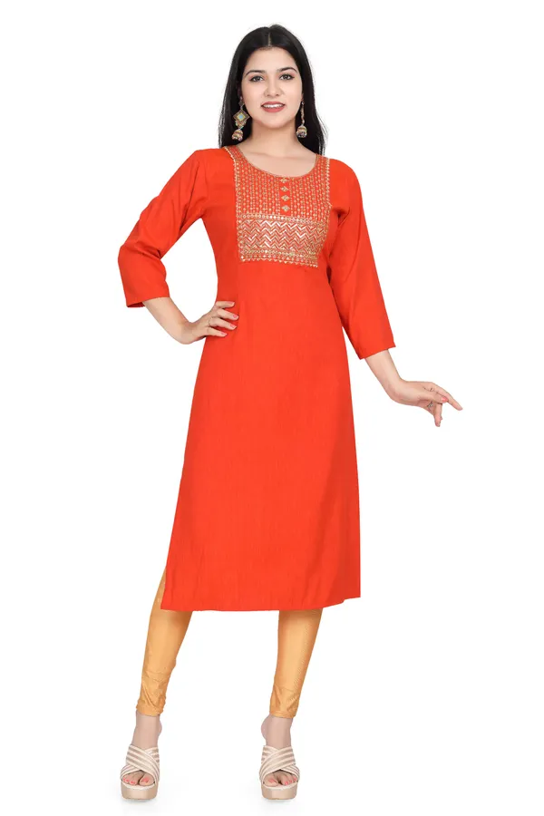 Orange_Rayon_Embroidered_Regular_Fit_Solid_Jaipuri_Jaipuri_Kurta_For_Women