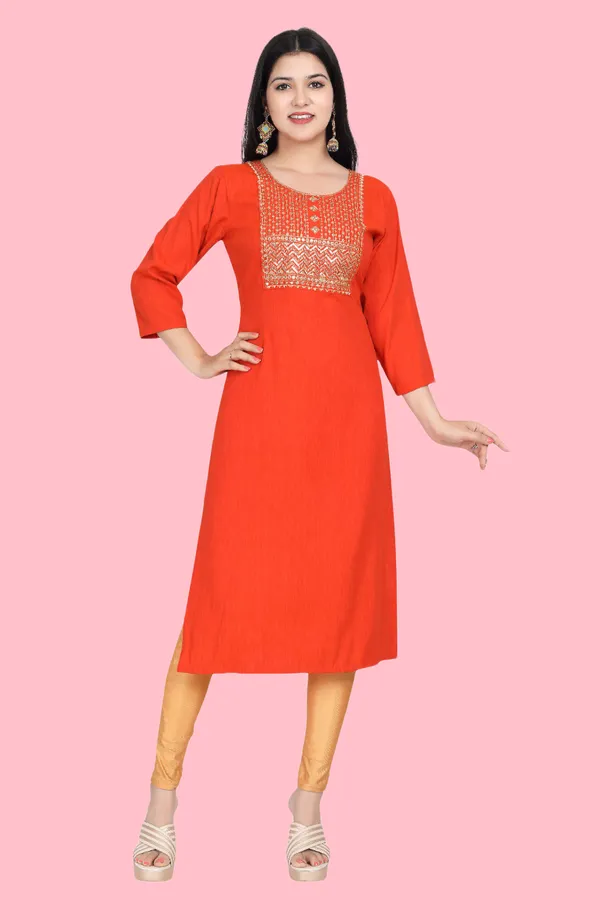 Orange_Rayon_Embroidered_Regular_Fit_Solid_Jaipuri_Jaipuri_Kurta_For_Women