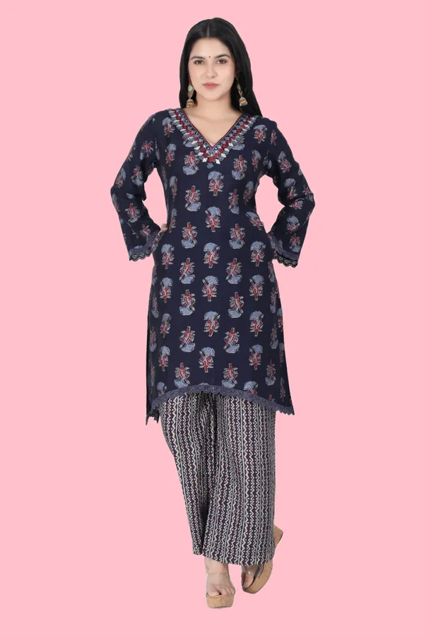 Blue_Rayon_Printed_Jaipuri_Jaipuri_Kurta_And_Pant_For_Women