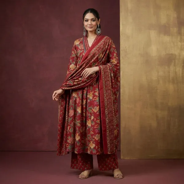 Red_Cotton_Printed_Jaipuri_Kurta_and_Pant_With_Cotton_Mulmul_Dupatta_For_Women_