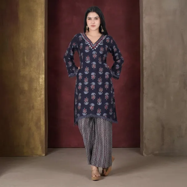 Blue_Rayon_Printed_Jaipuri_Jaipuri_Kurta_And_Pant_For_Women