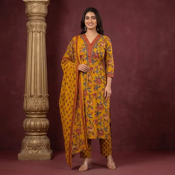 Mustard_Floral_Suit_Set_with_Mul_Dupatta