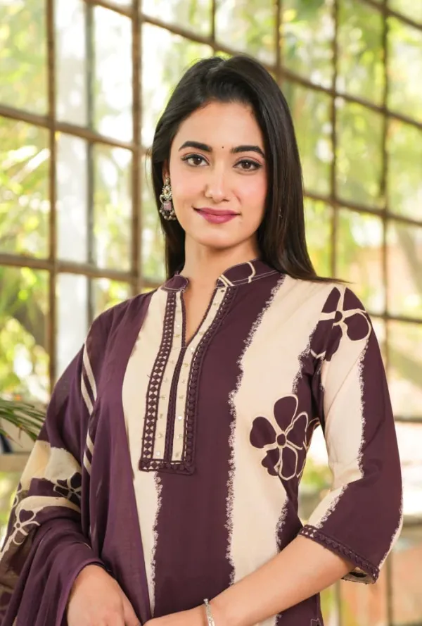 Wine_Ethnic_Cotton_Kurti_Pant_With_Dupatta_Set_For_Women