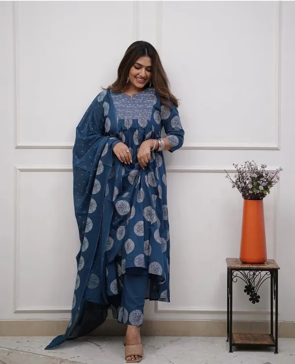 Blue_Cotton_Ethnic_Kurti_Pant_&_Dupatta_Set_for_Women_–_Elegant_&_Breezy