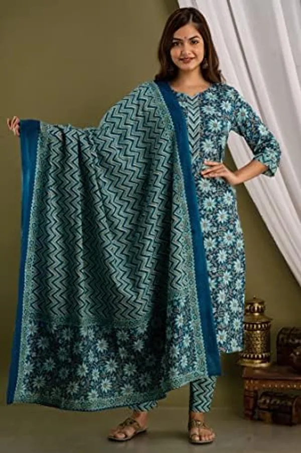 Blue_Cotton_Ethnic_Kurti_Pant_&_Dupatta_Set_for_Women_–_Elegant_&_Comfortable