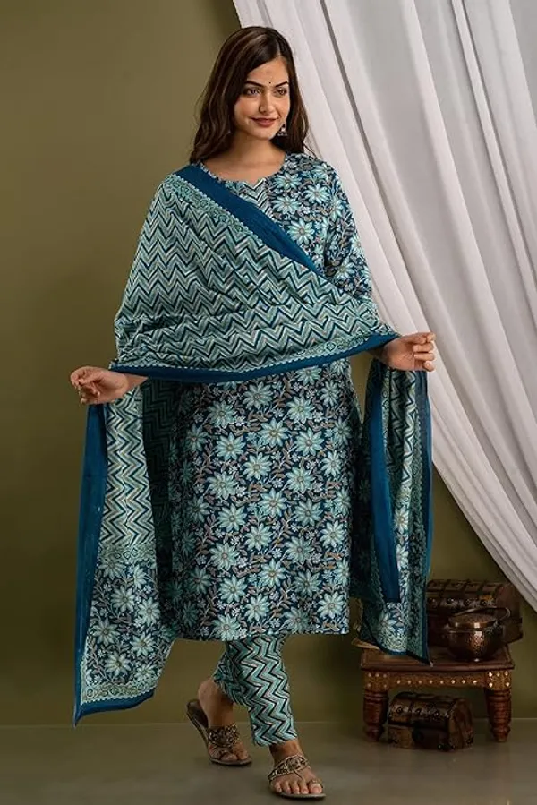 Blue_Cotton_Ethnic_Kurti_Pant_&_Dupatta_Set_for_Women_–_Elegant_&_Comfortable