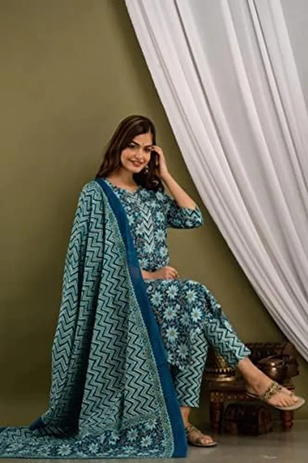 Blue_Cotton_Ethnic_Kurti_Pant_&_Dupatta_Set_for_Women_–_Elegant_&_Comfortable