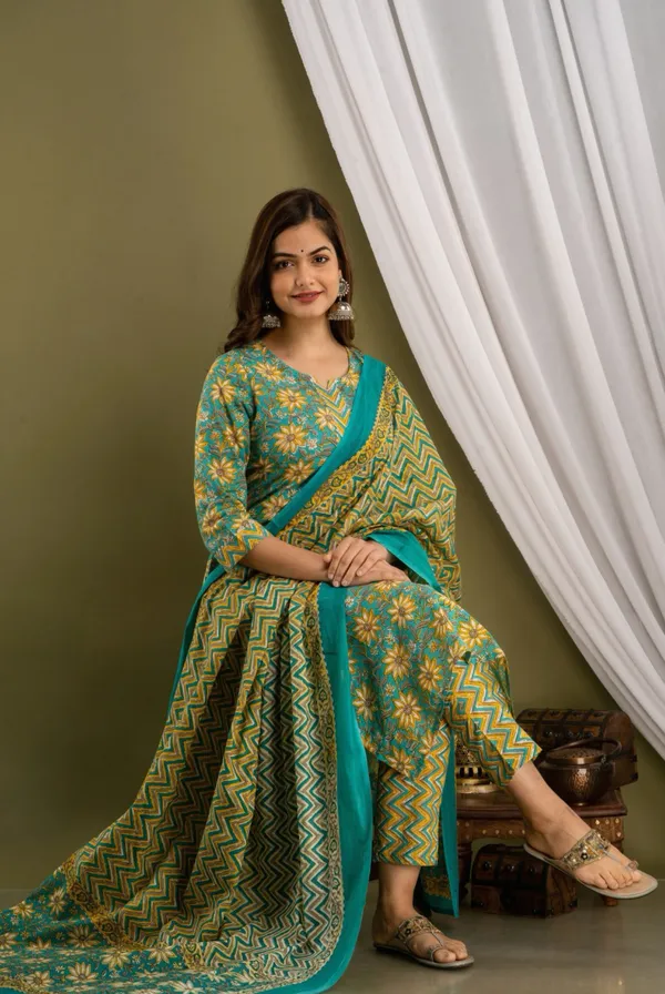 Green_Cotton_Ethnic_Kurti_Pant_&_Dupatta_Set_for_Women_–_Elegant_&_Comfortable