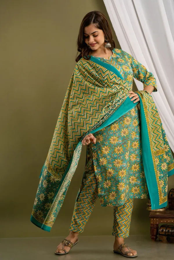 Green_Cotton_Ethnic_Kurti_Pant_&_Dupatta_Set_for_Women_–_Elegant_&_Comfortable