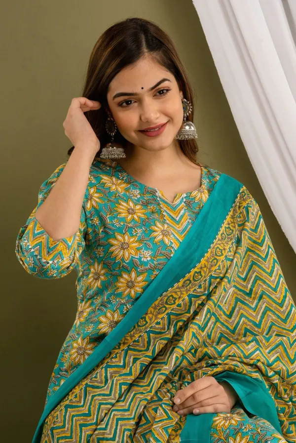 Green_Cotton_Ethnic_Kurti_Pant_&_Dupatta_Set_for_Women_–_Elegant_&_Comfortable