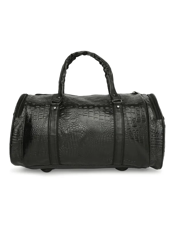Black_Vegan_Leather_Medium_Textu_Vegan_Crocodile_Leather_Gym_Duffel_Bag_For_Unisex