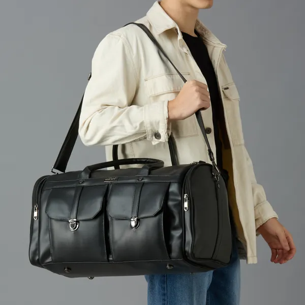 Black_Vegan_Leather_Duffel_Gym_And_Travel_Bag_With_Multiple_Pockets_For_Unisex