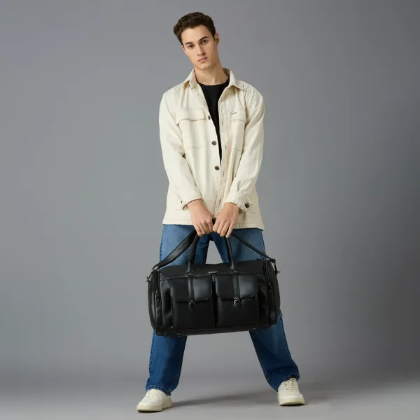 Black_Vegan_Leather_Duffel_Gym_And_Travel_Bag_With_Multiple_Pockets_For_Unisex