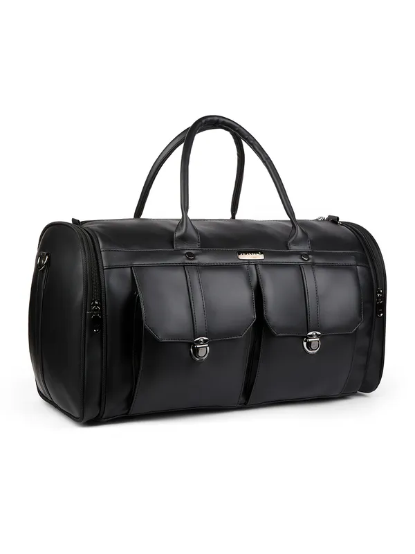 Black_Vegan_Leather_Duffel_Gym_And_Travel_Bag_With_Multiple_Pockets_For_Unisex