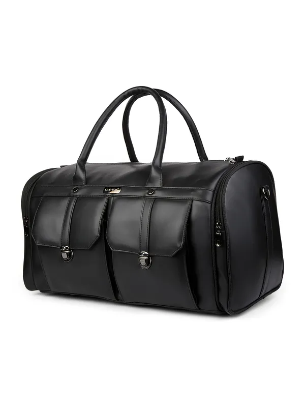 Black_Vegan_Leather_Duffel_Gym_And_Travel_Bag_With_Multiple_Pockets_For_Unisex