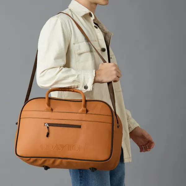 Tan_Vegan_Leather_Weekender_Duffel_Bag_Sleek_Stylish_Spacious_For_Unisex