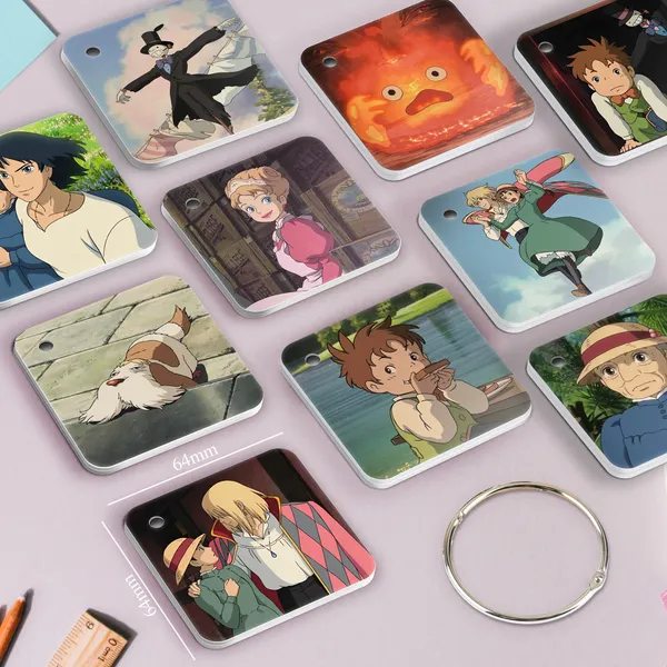 Multicolor_Howl'S_Moving_Castle_Flash_1Mm_Thick_Cards_With_Snap_Key_Ring_(Set_Of_12_Cards_24_Photos_Front_Back)_Glossy_Laminated_Fine_Art_Print_(2.5_Inch_X_2.5_Inch)