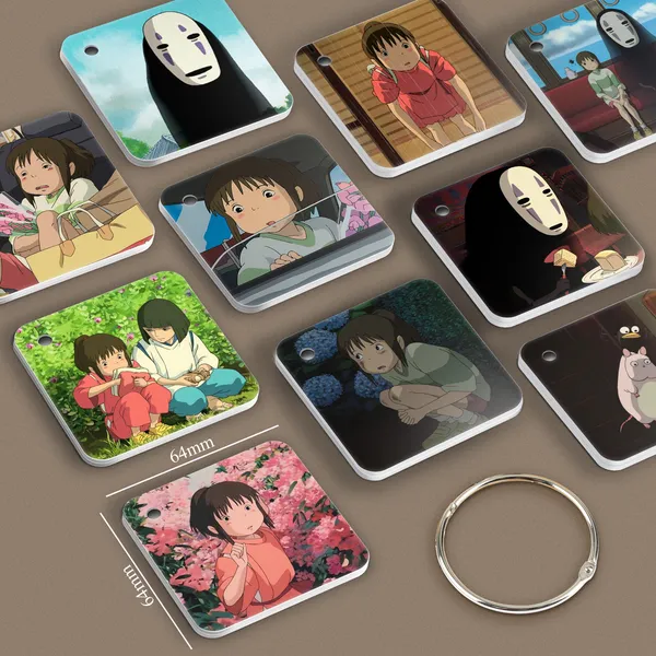 Multicolor_Spirited_Away_Flash_1Mm_Thick_Cards_With_Snap_Key_Ring_(Set_Of_12_Cards_24_Photos_Front_Back)_Glossy_Laminated_Fine_Art_Print_(2.5_Inch_X_2.5_Inch)