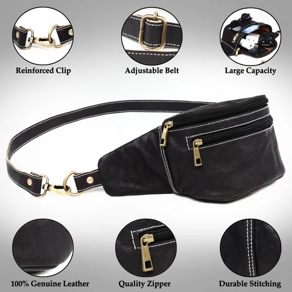 Black_Black_Genuine_Leather_Fanny_Pack__Fashionable__Waist_Belt_Bag_For_Travel_Sports_Hiking_Cycling_Fishing_Running_(_8X4.5_inchs_)