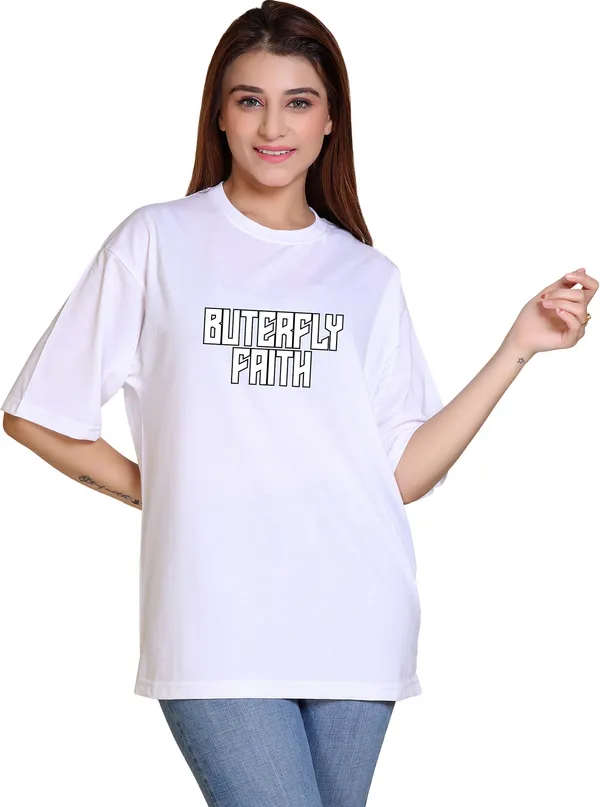 White_Cotton_Blend_Casual_Oversized_T-Shirt_For_Women