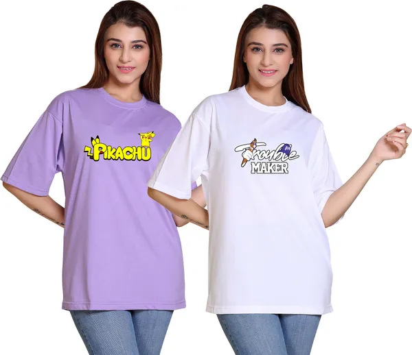 Pack_of_2_Purple_&_White_Cotton_Blend_Casual_Oversized_T-Shirt_For_Women