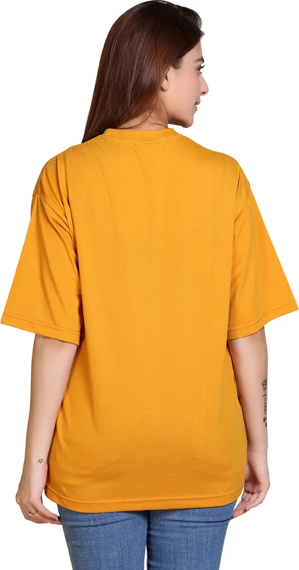Yellow_Round_Neck_Cotton_Blend_3/4_Sleeve_Oversized_T-Shirt_For_Women