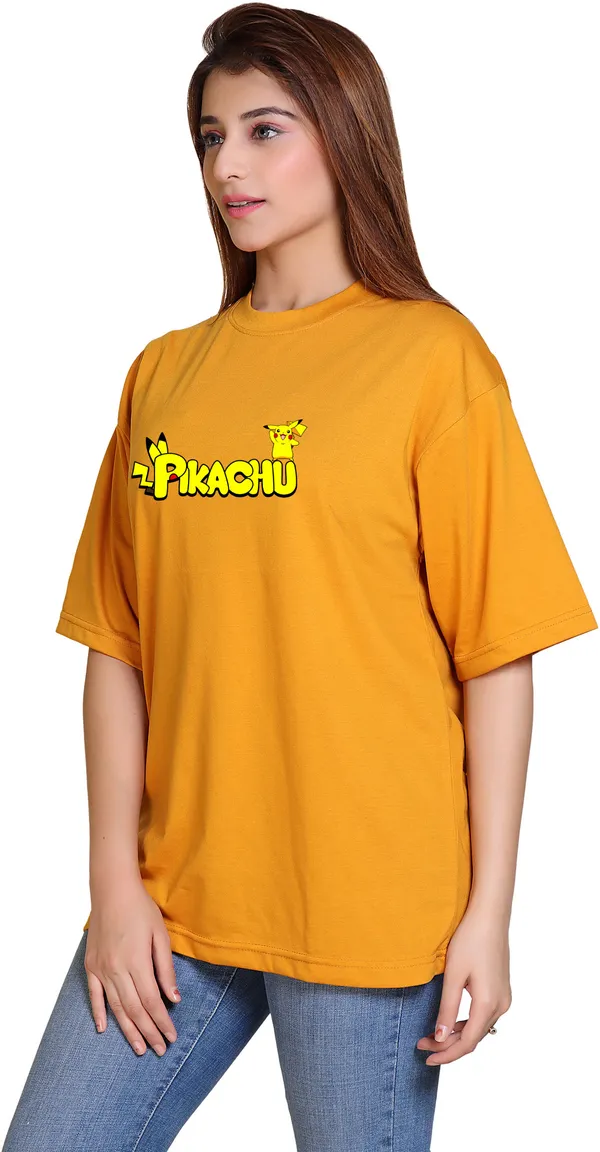 Yellow_Round_Neck_Cotton_Blend_3/4_Sleeve_Oversized_T-Shirt_For_Women
