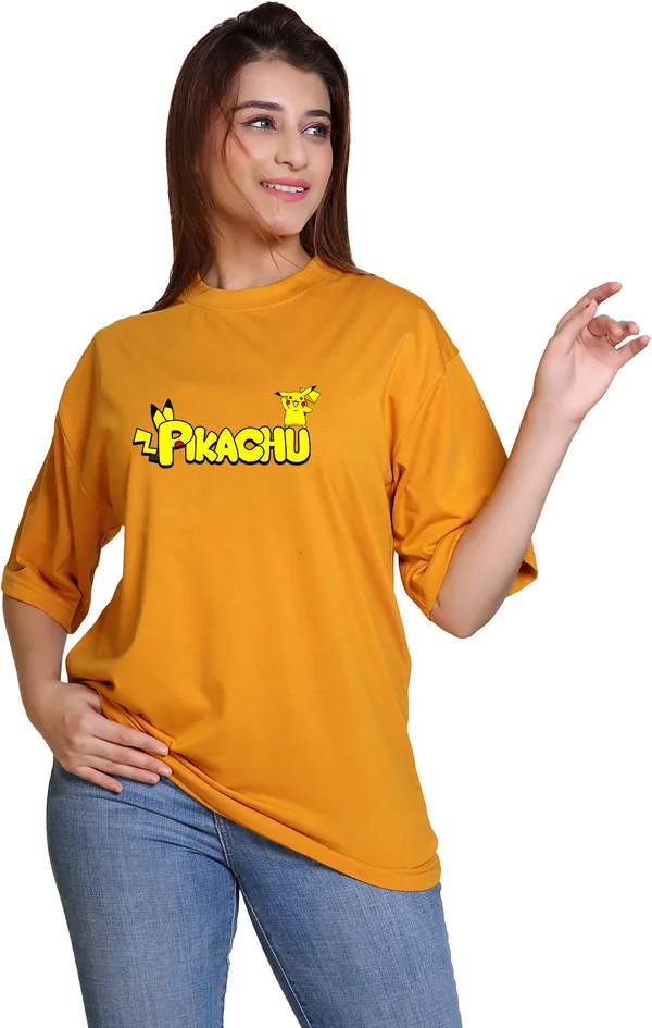 Yellow_Round_Neck_Cotton_Blend_3/4_Sleeve_Oversized_T-Shirt_For_Women